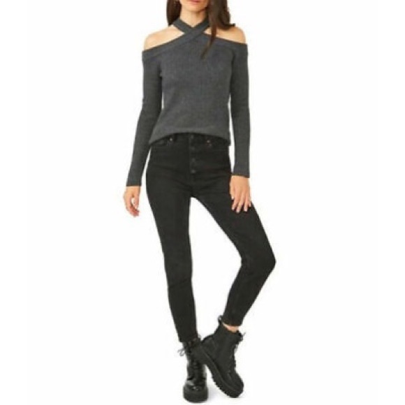 Anthro moth charcoal wool cold shoulder sweater - Picture 1 of 9